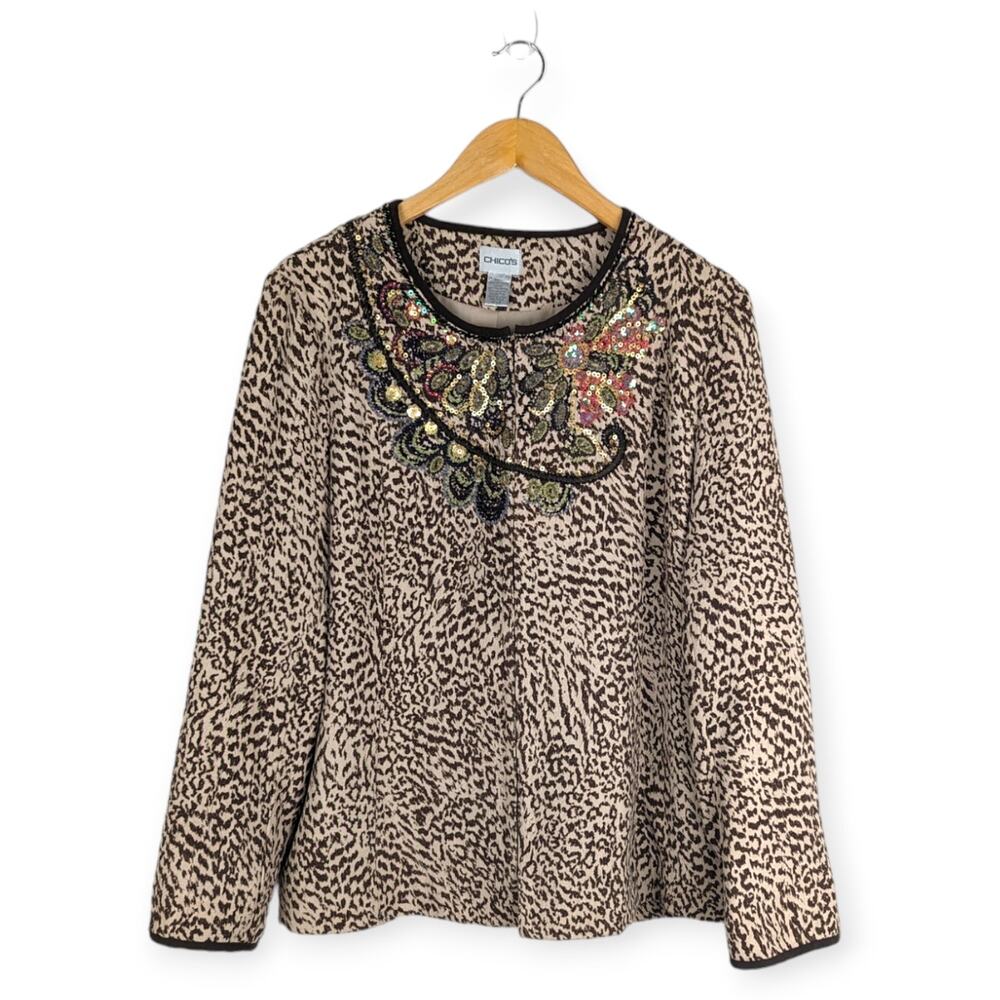 Chico's Animazing Jelica Animal Print Embroidered Sequin Jacket Size 2‎ | Large